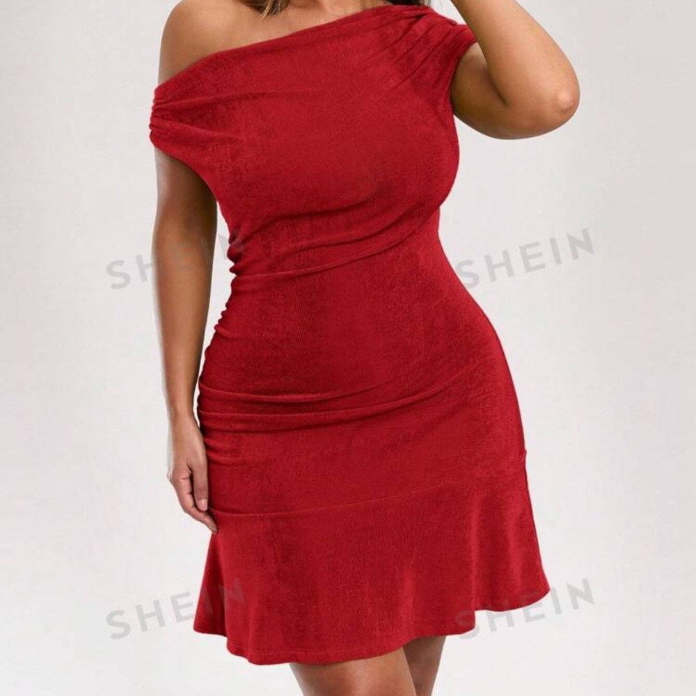 Shein Plus Size Red Dress Mini with Asymmetrical Neckline